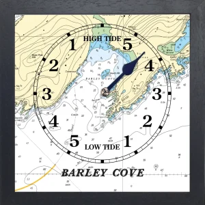 IMAGE OF BARLEY COVE TIDE CLOCK IN A BLACK WOODEN FRAME