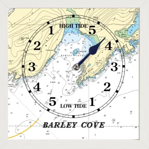 IMAGE OF BARLEY COVE TIDE CLOCK IN A WHITE WOODEN FRAME